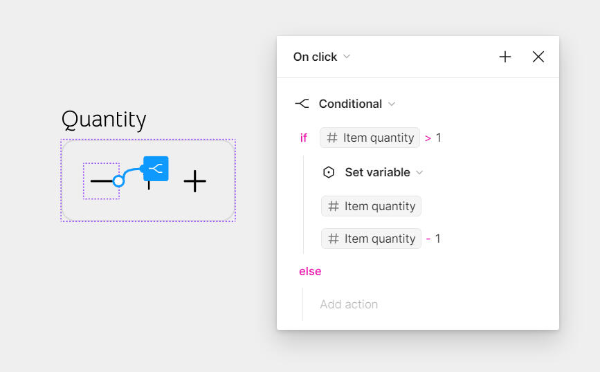 The conditional logic for the &#39;minus&#39; button the quantity counter