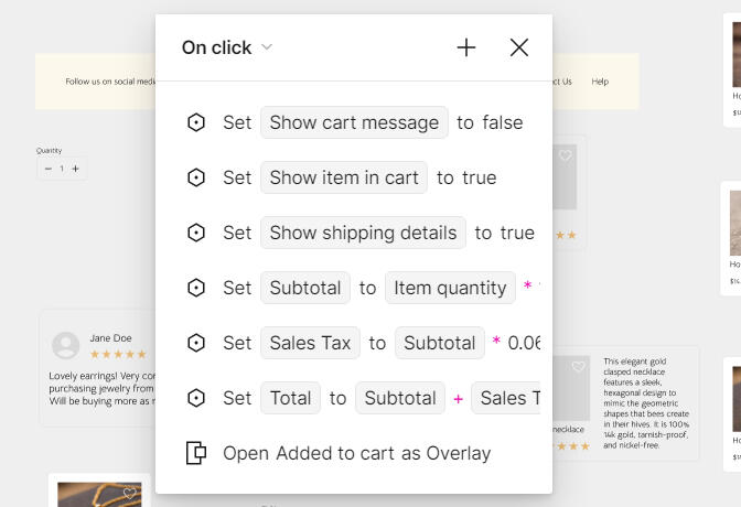 The interaction menu for the &#39;Add to cart&#39; button