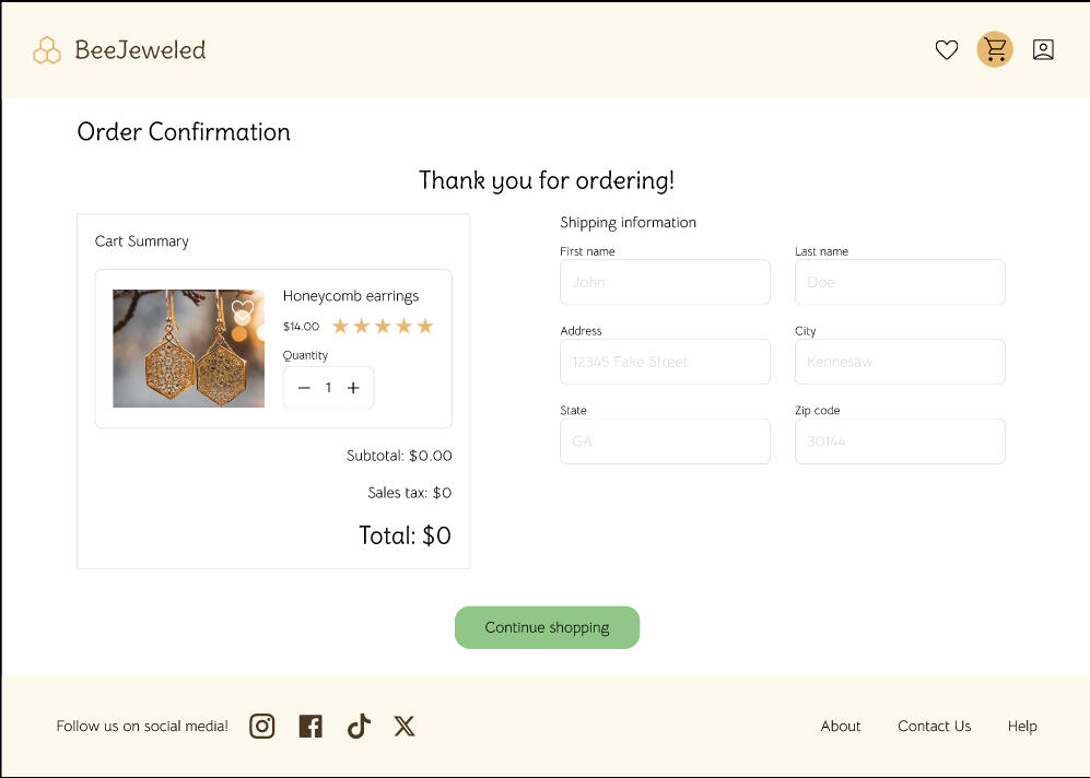 The order confirmation page