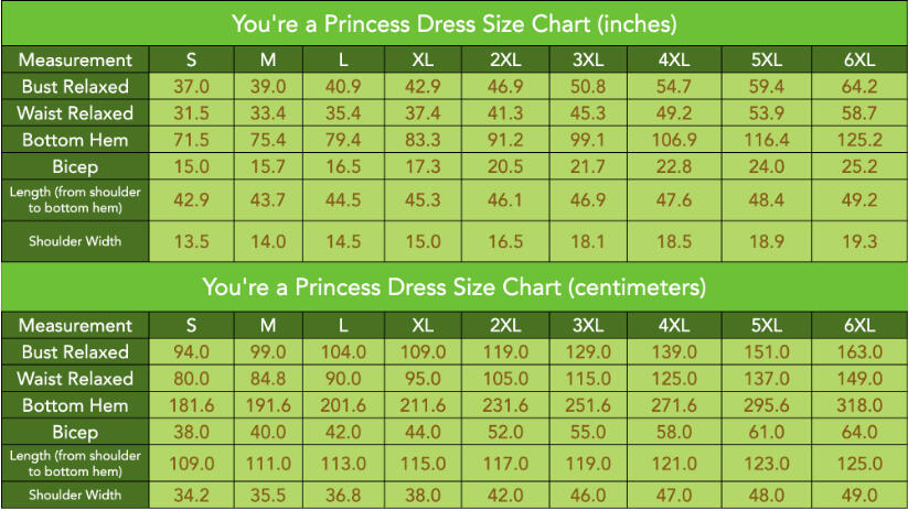 The Princess dress size chart