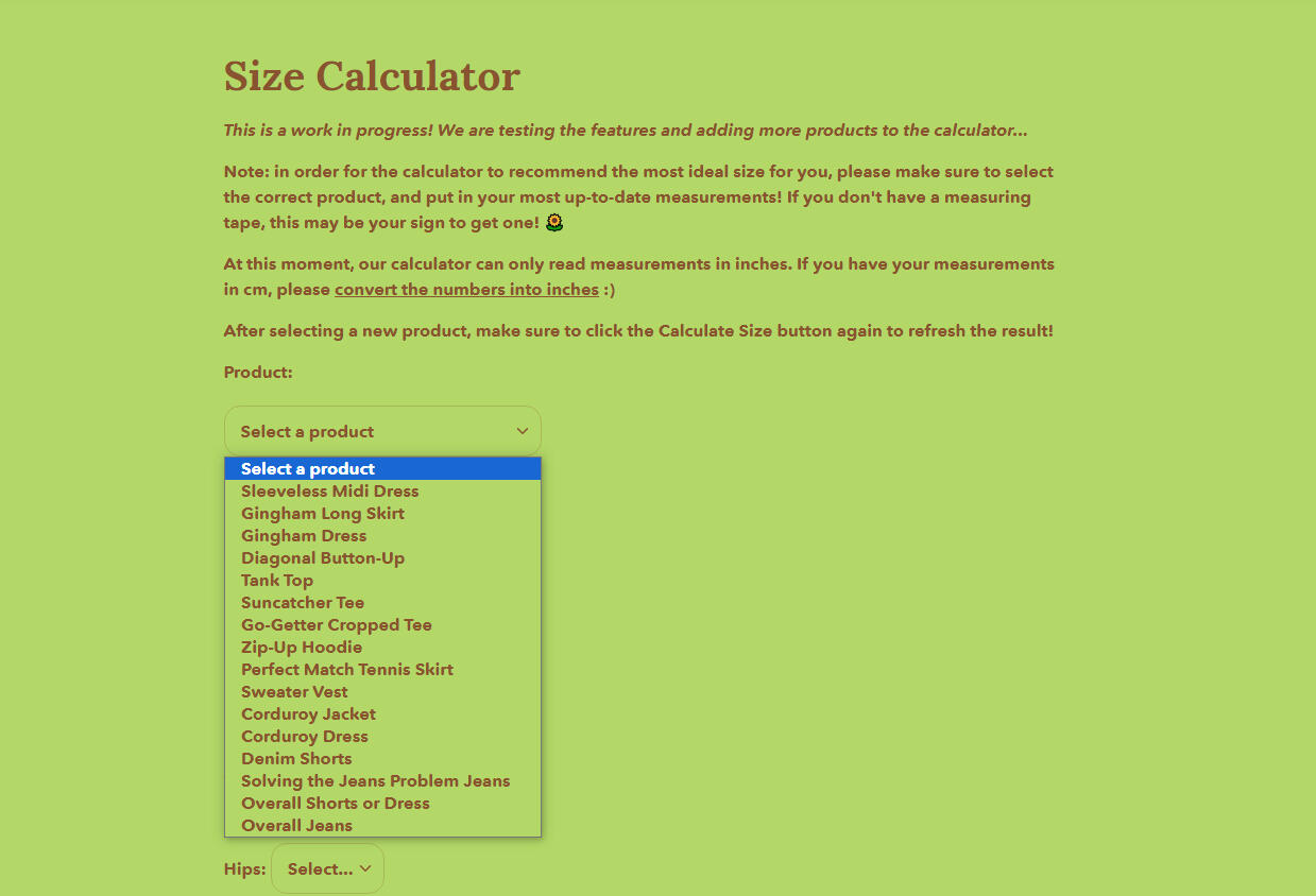 The Shiny by Nature size calculator